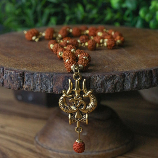 Gold Plated Om Trishul Damru Pendant with Rudraksha Necklace