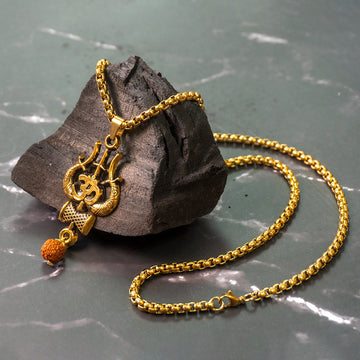 🎁 Om Trishul Damru Rudraksha Pendant Necklace (Gold Plated) (100% off)